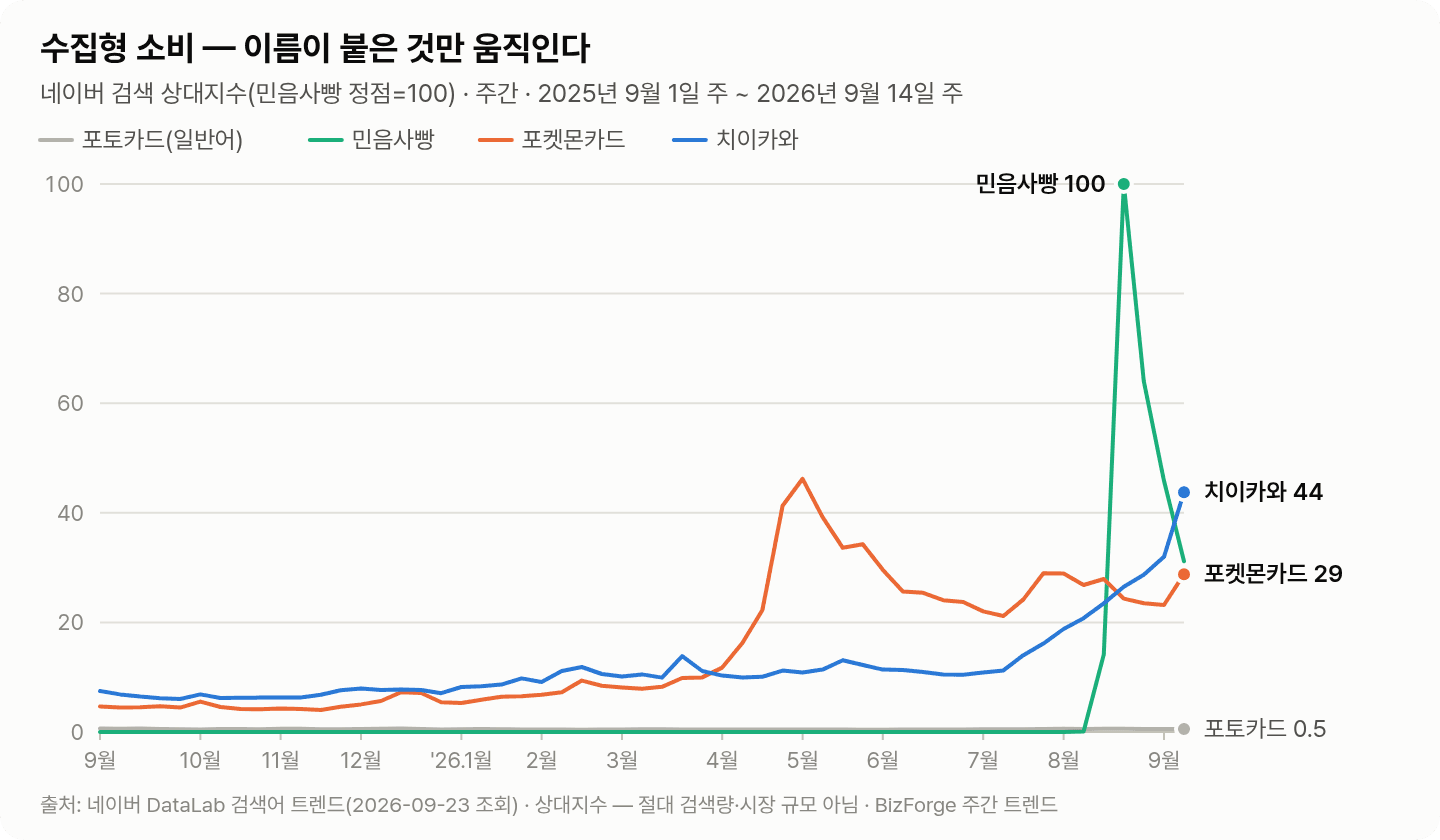 수집형 소비 — 치이카와·포켓몬카드는 전년의 6배 이상, 민음사빵은 정점 뒤 3주 만에 69% 하락, 일반어 포토카드는 제자리