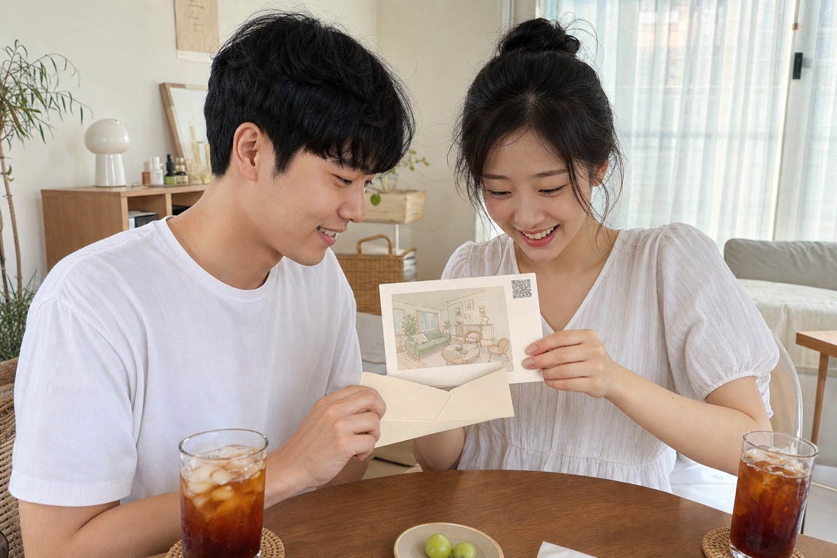 봉투를 함께 뜯는 장면 — 컨셉
